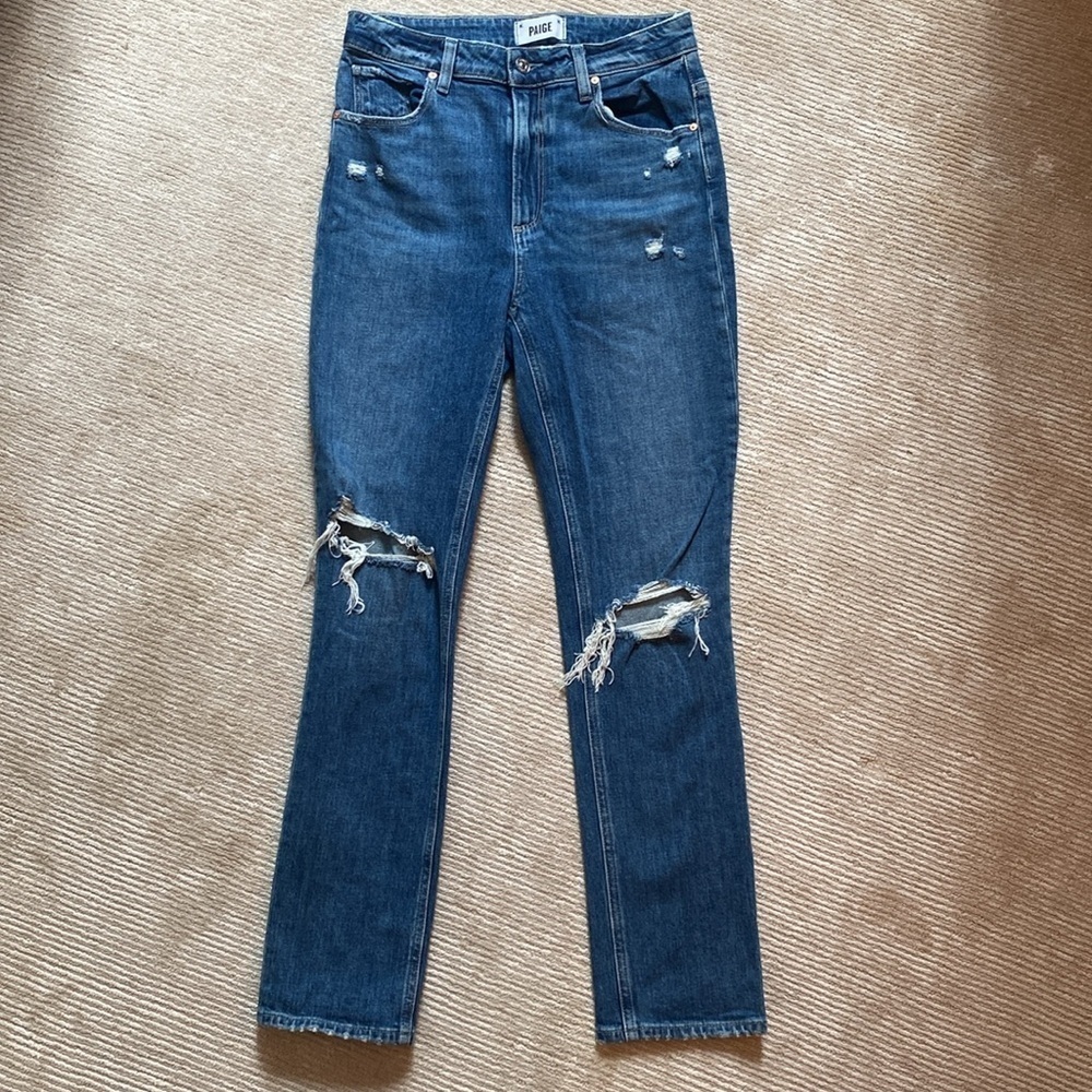 Paige Sarah Slim Distressed Knee Straight Leg High Rise Mid Wash Jeans Size 27